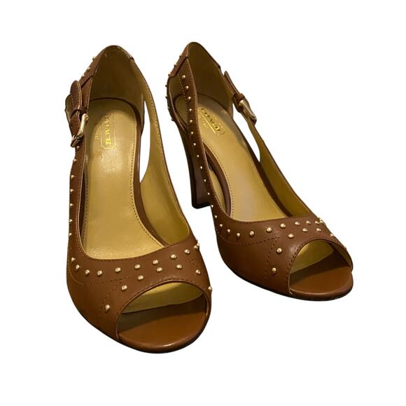 Coach (Style Q1293) Billee Golden Studded Peep Toe 4" Heels Size 9B in Brown - Picture 2 of 15